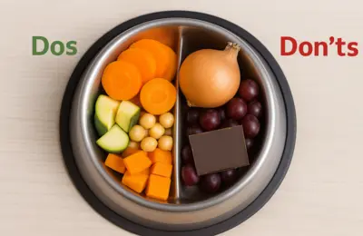 Edelstahl-Hundenapf, links mit frischem Gemüse und Hülsenfrüchten (Do), rechts mit für Hunde ungeeigneten Lebensmitteln wie Schokolade und Zwiebeln (Don’t), auf hellem Holzuntergrund. dos_and_donts_im_hundenapf